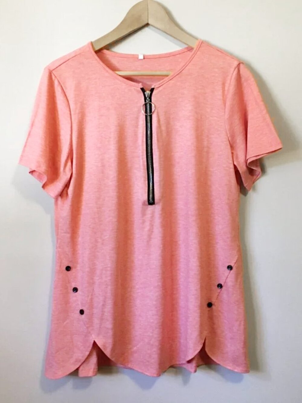 Coral Pink Whimsical Petal Hem A-Line Tee XL Zipper Button Detail
